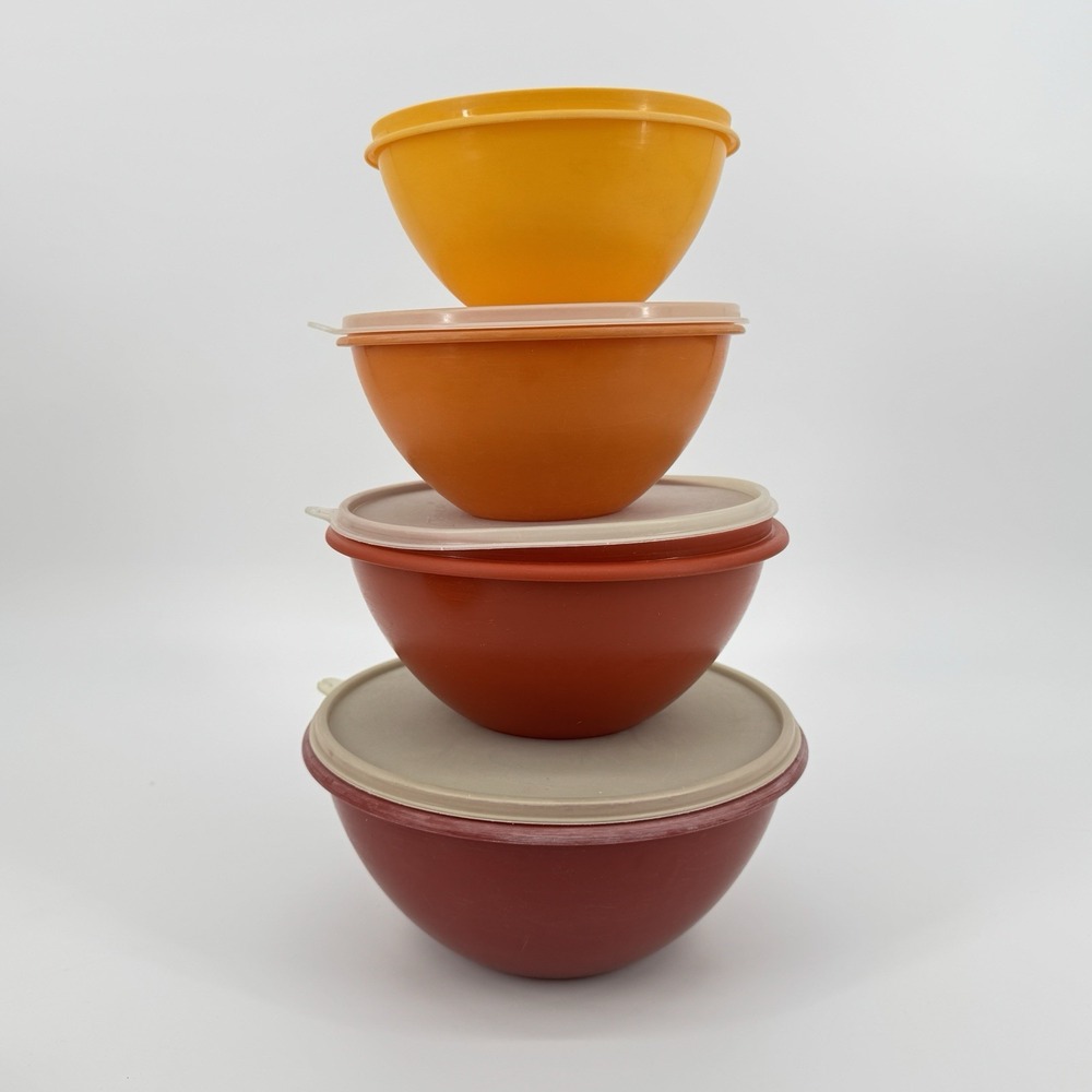 Vintage Tupperware Nesting Bowls Set of 4 Harvest Gold Orange Red Burgundy Retro